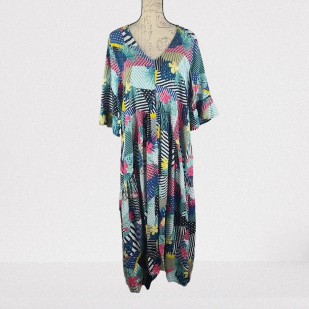 Loralette Women's 14 Valencia Swing Midi Dress Tropical Patchwork Print
